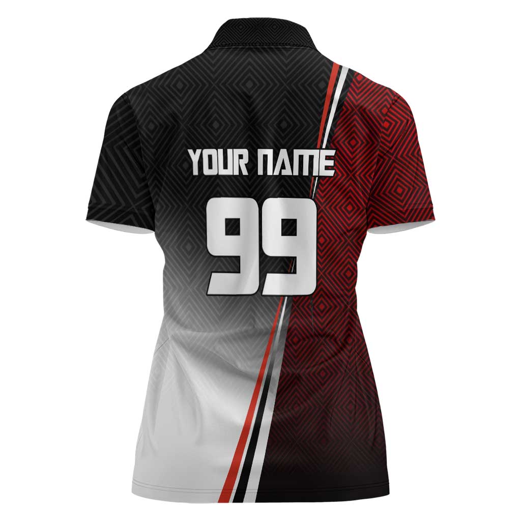Personalized Panda Jujutsu Kaisen Soccer Theme Women Polo Shirt with Goalkeeper Pose and Red Black Geometric Graphic Design - The Mazicc
