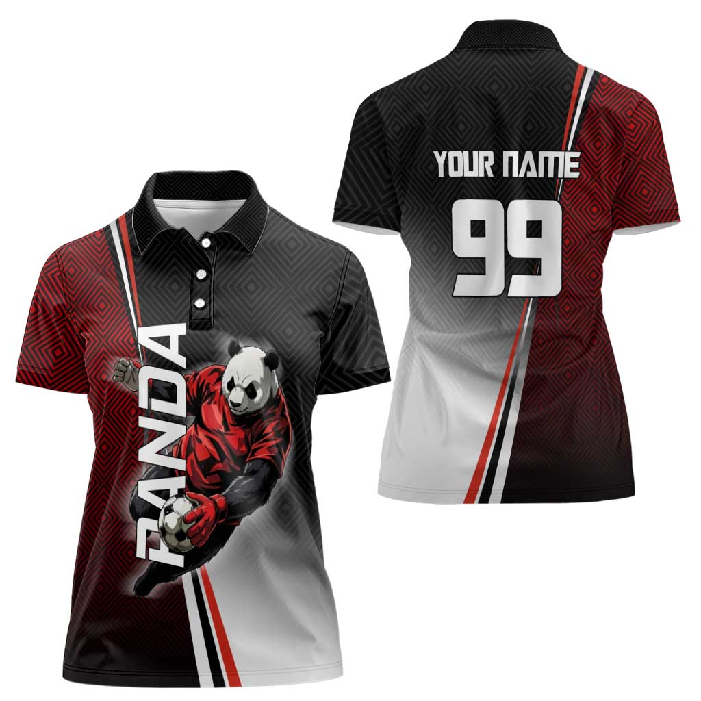 Personalized Panda Jujutsu Kaisen Soccer Theme Women Polo Shirt with Goalkeeper Pose and Red Black Geometric Graphic Design - The Mazicc