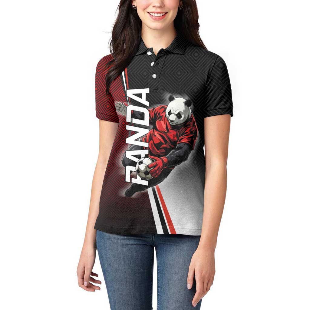 Personalized Panda Jujutsu Kaisen Soccer Theme Women Polo Shirt with Goalkeeper Pose and Red Black Geometric Graphic Design - The Mazicc