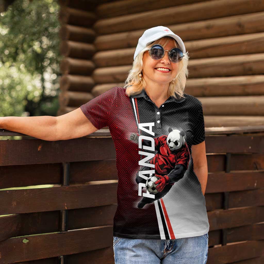 Personalized Panda Jujutsu Kaisen Soccer Theme Women Polo Shirt with Goalkeeper Pose and Red Black Geometric Graphic Design - The Mazicc