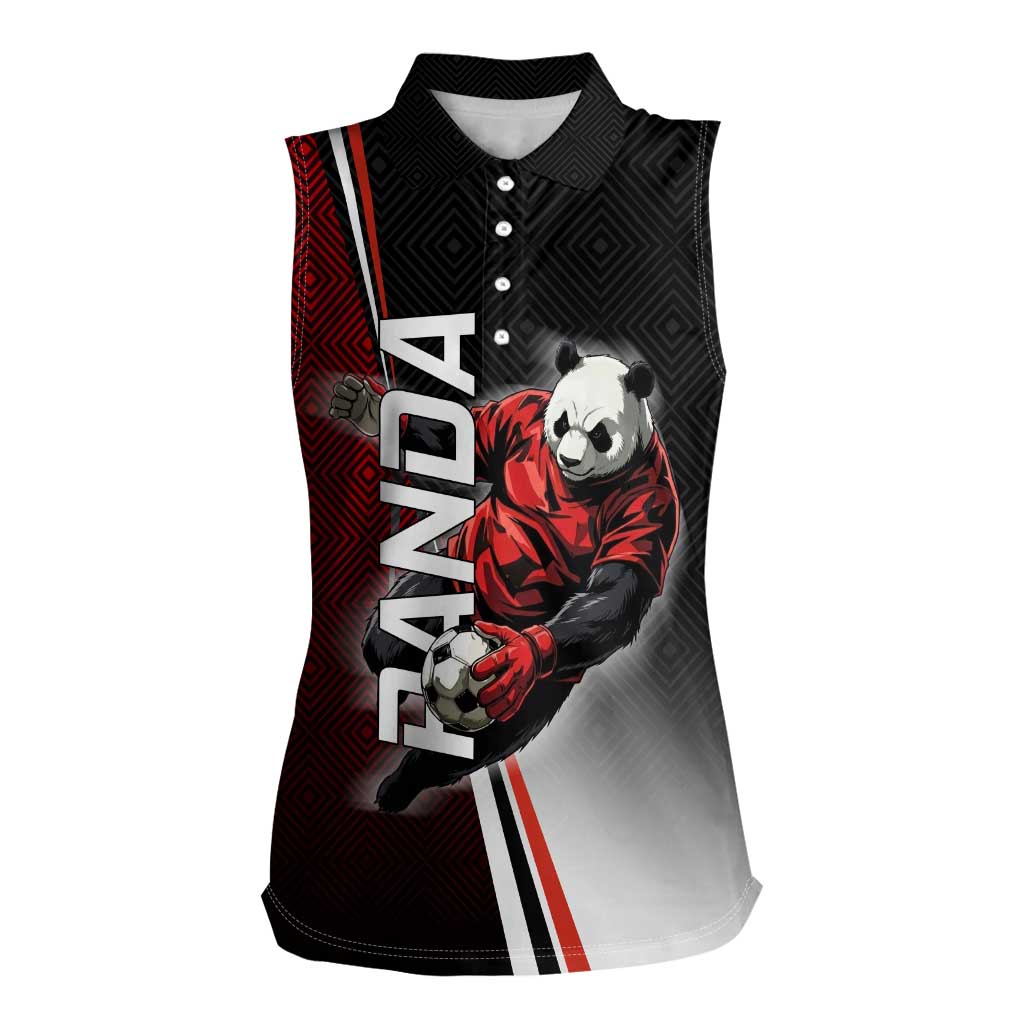 Personalized Panda Jujutsu Kaisen Soccer Theme Women Sleeveless Polo Shirt with Goalkeeper Pose and Red Black Geometric Graphic Design - The Mazicc