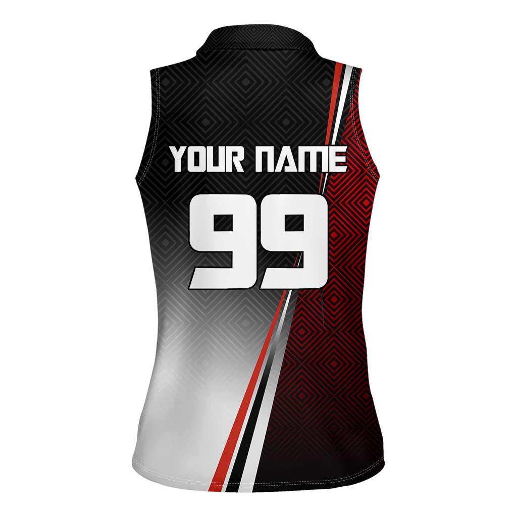 Personalized Panda Jujutsu Kaisen Soccer Theme Women Sleeveless Polo Shirt with Goalkeeper Pose and Red Black Geometric Graphic Design - The Mazicc