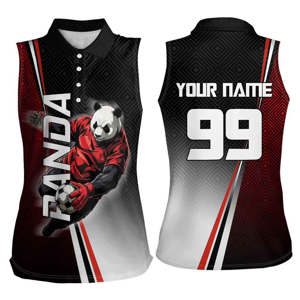 Personalized Panda Jujutsu Kaisen Soccer Theme Women Sleeveless Polo Shirt with Goalkeeper Pose and Red Black Geometric Graphic Design - The Mazicc