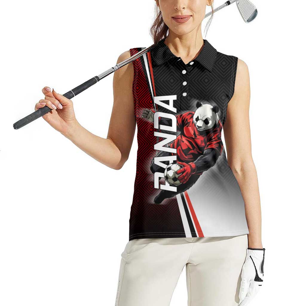 Personalized Panda Jujutsu Kaisen Soccer Theme Women Sleeveless Polo Shirt with Goalkeeper Pose and Red Black Geometric Graphic Design - The Mazicc