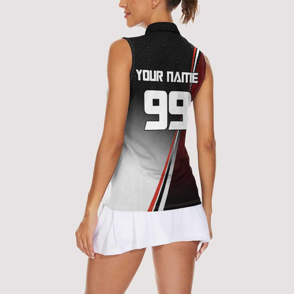Personalized Panda Jujutsu Kaisen Soccer Theme Women Sleeveless Polo Shirt with Goalkeeper Pose and Red Black Geometric Graphic Design - The Mazicc