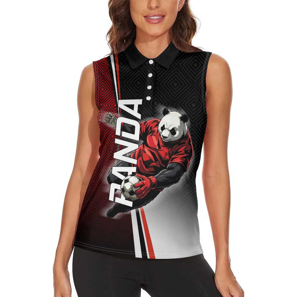 Personalized Panda Jujutsu Kaisen Soccer Theme Women Sleeveless Polo Shirt with Goalkeeper Pose and Red Black Geometric Graphic Design - The Mazicc