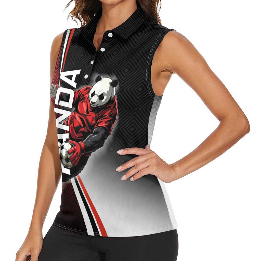 Personalized Panda Jujutsu Kaisen Soccer Theme Women Sleeveless Polo Shirt with Goalkeeper Pose and Red Black Geometric Graphic Design - The Mazicc
