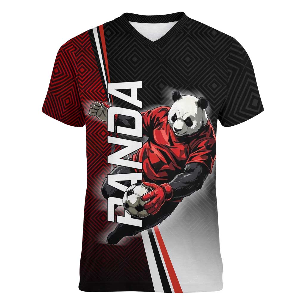 Personalized Panda Jujutsu Kaisen Soccer Theme Women V-Neck T-Shirt with Goalkeeper Pose and Red Black Geometric Graphic Design - The Mazicc