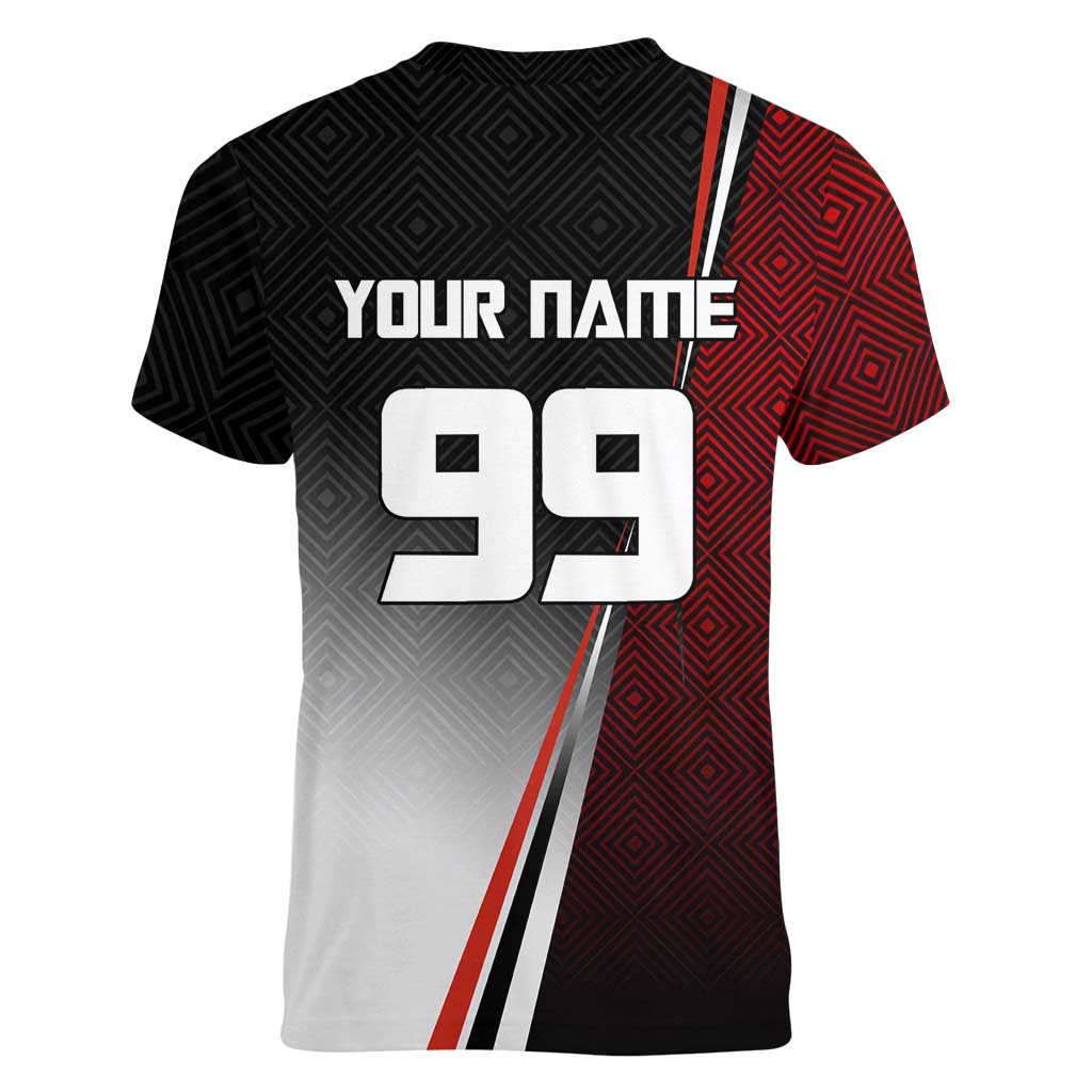 Personalized Panda Jujutsu Kaisen Soccer Theme Women V-Neck T-Shirt with Goalkeeper Pose and Red Black Geometric Graphic Design - The Mazicc