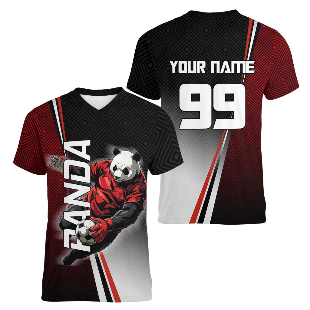 Personalized Panda Jujutsu Kaisen Soccer Theme Women V-Neck T-Shirt with Goalkeeper Pose and Red Black Geometric Graphic Design - The Mazicc