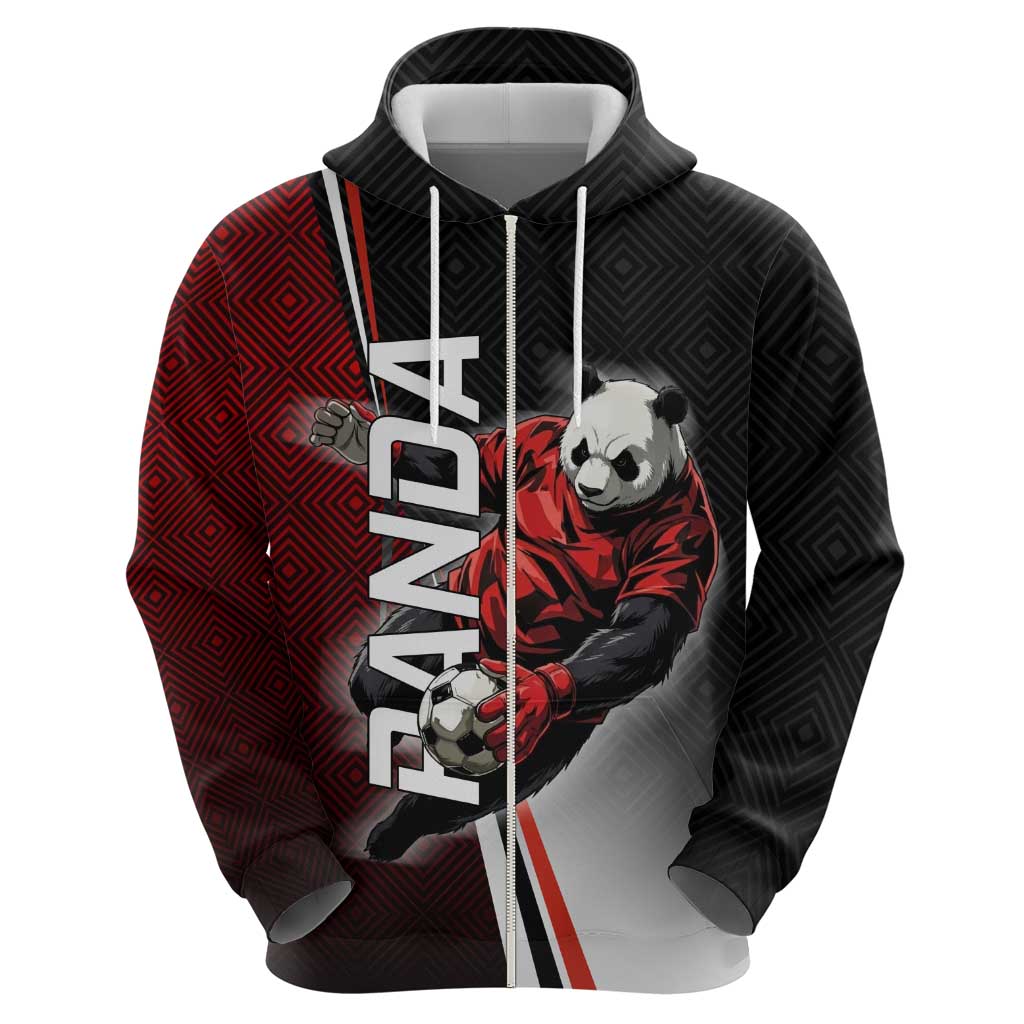 Personalized Panda Jujutsu Kaisen Soccer Theme Zip Hoodie with Goalkeeper Pose and Red Black Geometric Graphic Design - The Mazicc
