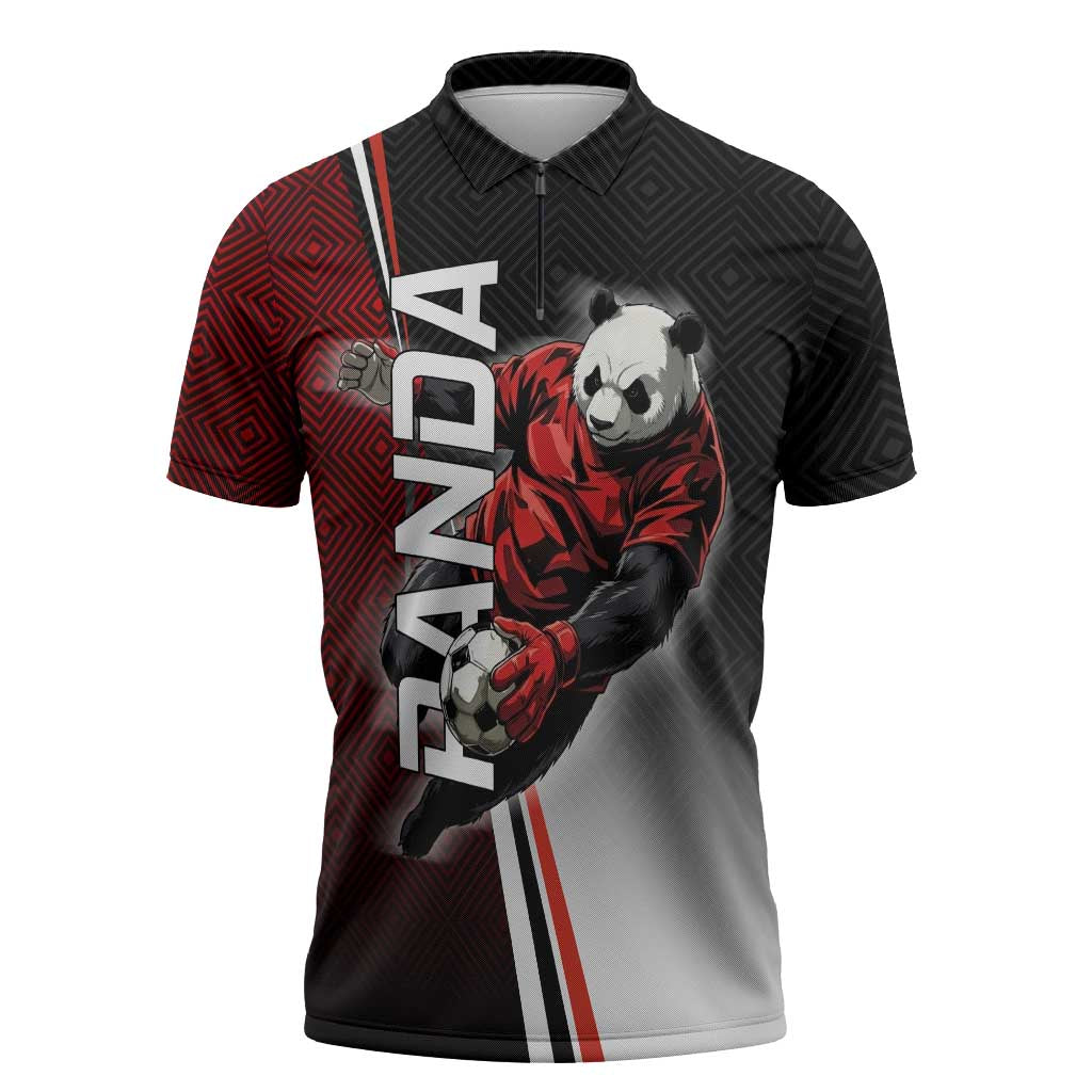 Personalized Panda Jujutsu Kaisen Soccer Theme Zipper Polo Shirt with Goalkeeper Pose and Red Black Geometric Graphic Design - The Mazicc