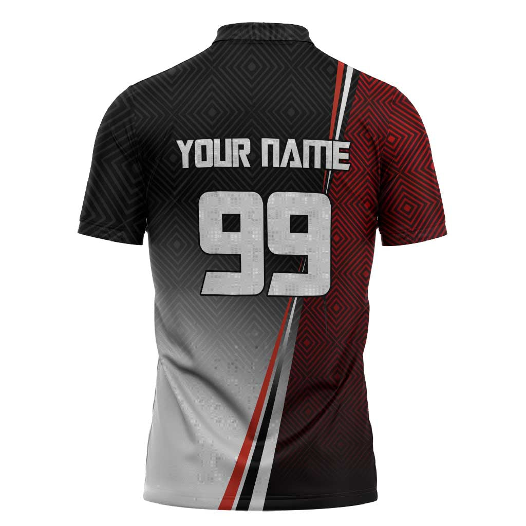Personalized Panda Jujutsu Kaisen Soccer Theme Zipper Polo Shirt with Goalkeeper Pose and Red Black Geometric Graphic Design - The Mazicc
