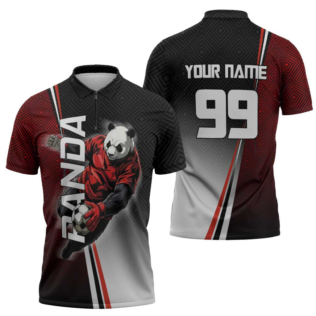 Personalized Panda Jujutsu Kaisen Soccer Theme Zipper Polo Shirt with Goalkeeper Pose and Red Black Geometric Graphic Design - The Mazicc