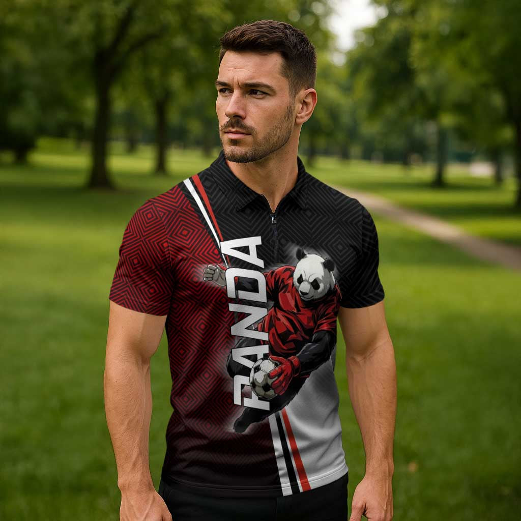 Personalized Panda Jujutsu Kaisen Soccer Theme Zipper Polo Shirt with Goalkeeper Pose and Red Black Geometric Graphic Design - The Mazicc