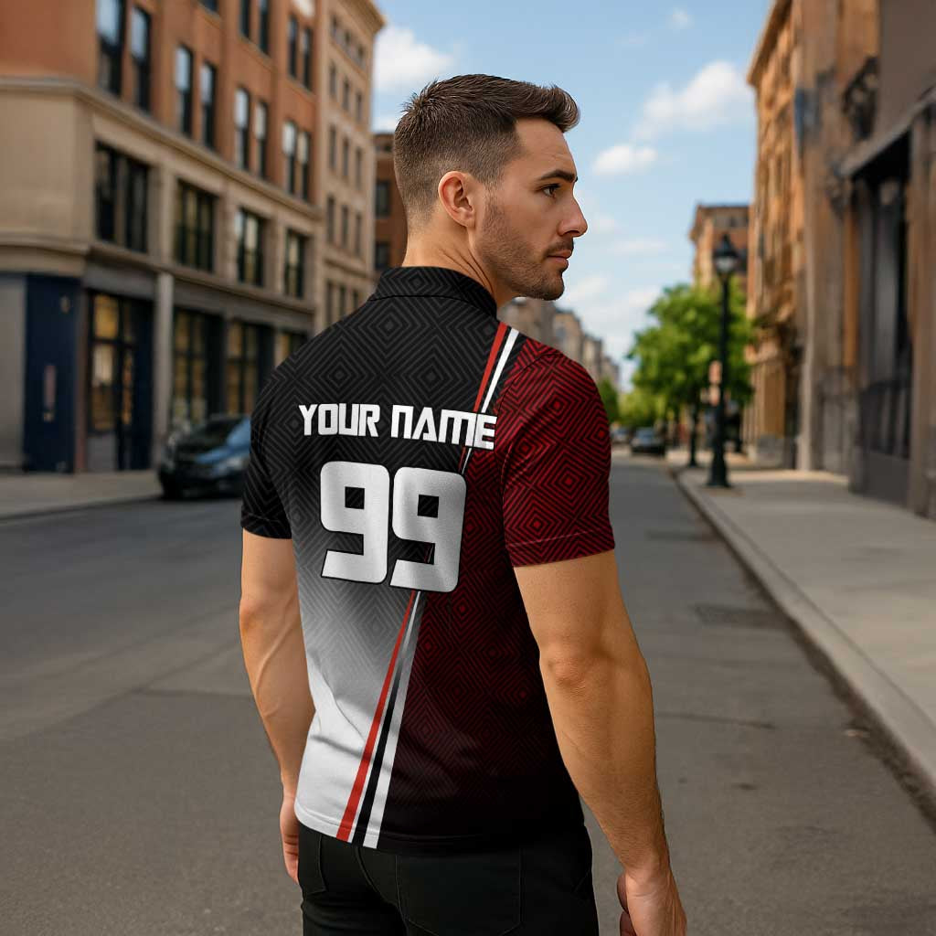 Personalized Panda Jujutsu Kaisen Soccer Theme Zipper Polo Shirt with Goalkeeper Pose and Red Black Geometric Graphic Design - The Mazicc