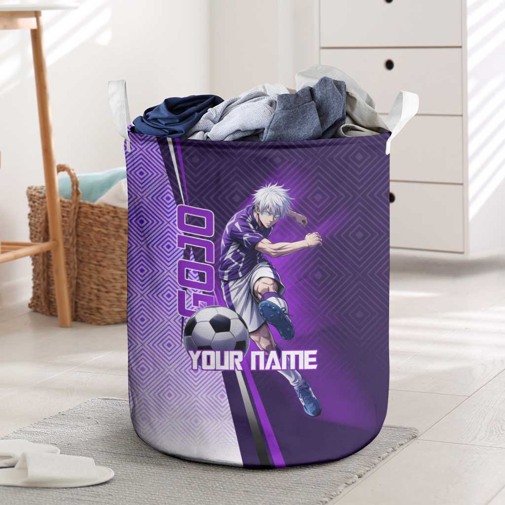 Personalized Gojo Satoru Jujutsu Kaisen Soccer Theme Laundry Basket with Kicking Pose and Purple Gradient Geometric Graphic Design - The Mazicc