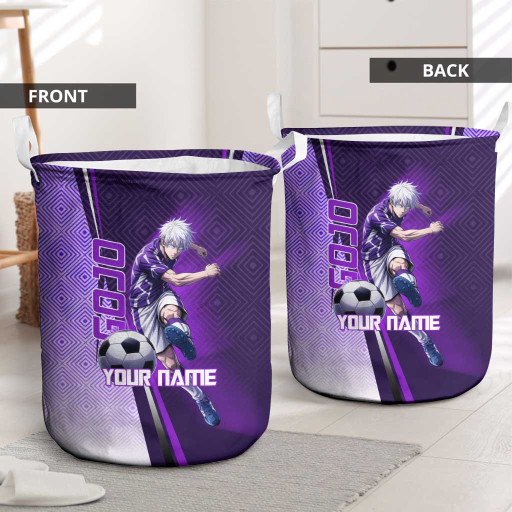 Personalized Gojo Satoru Jujutsu Kaisen Soccer Theme Laundry Basket with Kicking Pose and Purple Gradient Geometric Graphic Design - The Mazicc