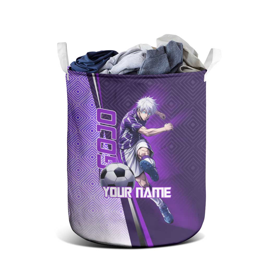Personalized Gojo Satoru Jujutsu Kaisen Soccer Theme Laundry Basket with Kicking Pose and Purple Gradient Geometric Graphic Design - The Mazicc