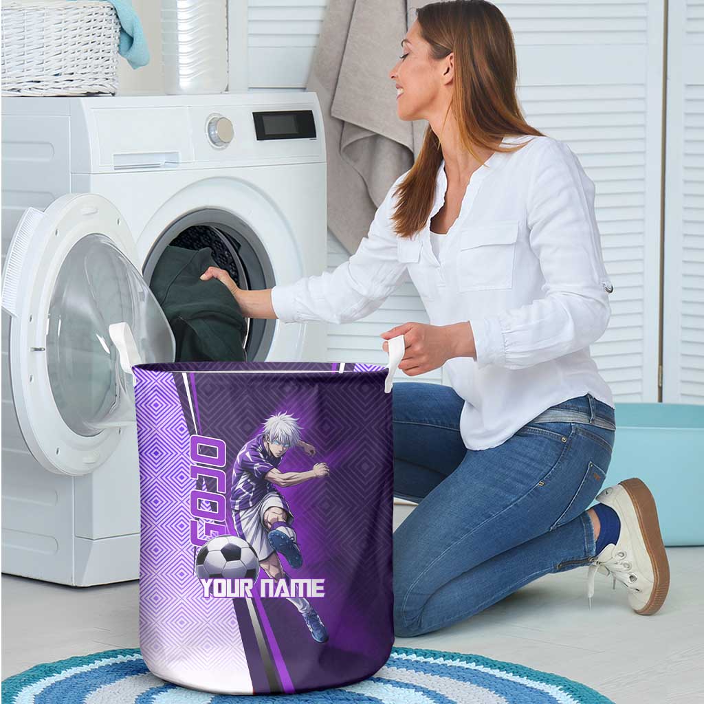 Personalized Gojo Satoru Jujutsu Kaisen Soccer Theme Laundry Basket with Kicking Pose and Purple Gradient Geometric Graphic Design - The Mazicc