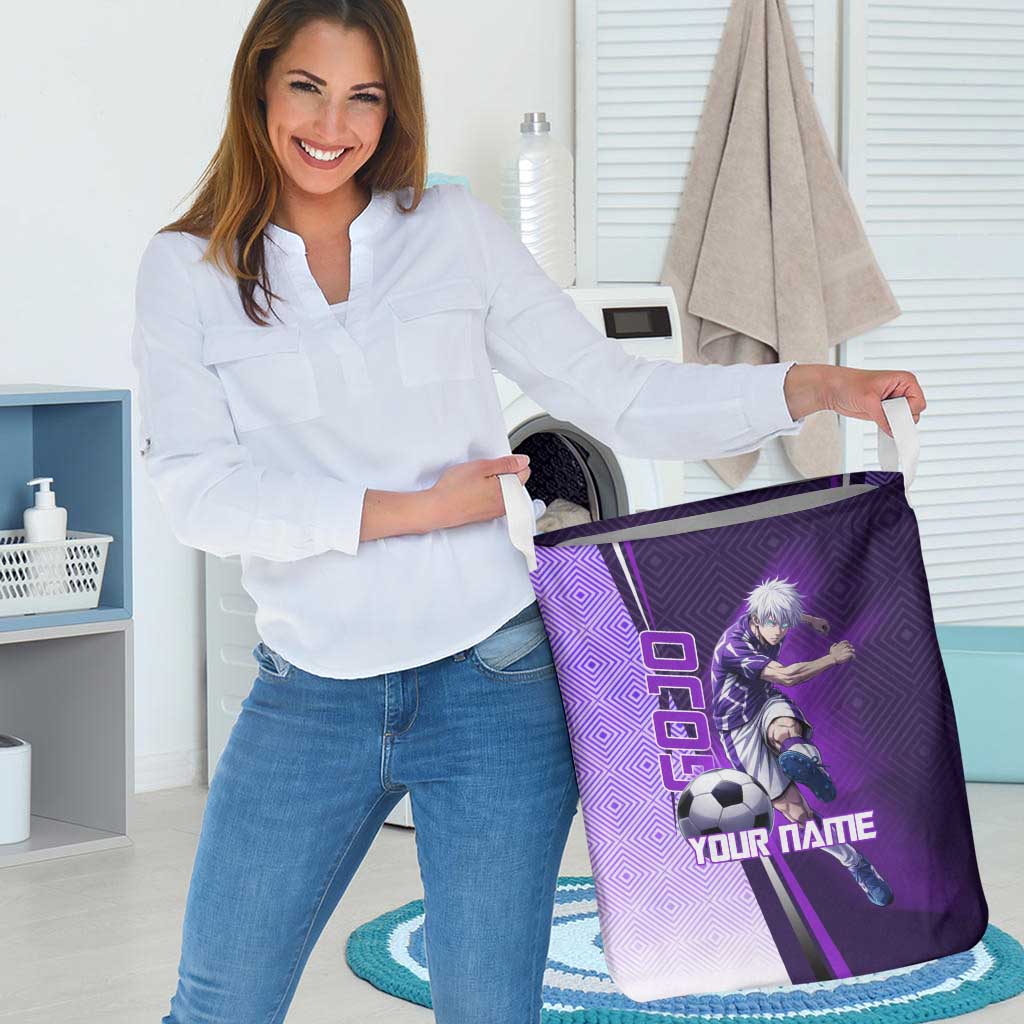 Personalized Gojo Satoru Jujutsu Kaisen Soccer Theme Laundry Basket with Kicking Pose and Purple Gradient Geometric Graphic Design - The Mazicc