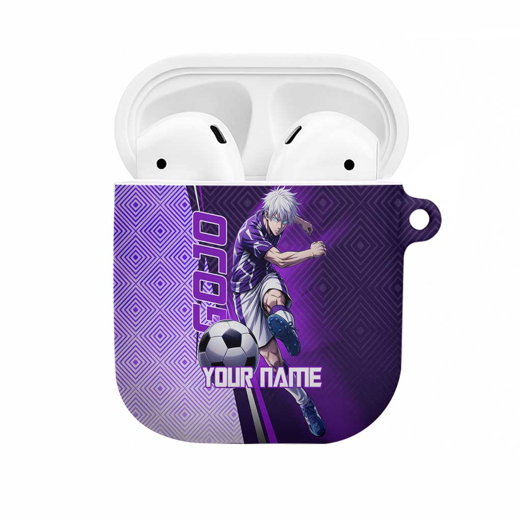 Personalized Gojo Satoru Jujutsu Kaisen Soccer Theme AirPods Case with Kicking Pose and Purple Gradient Geometric Graphic Design - The Mazicc