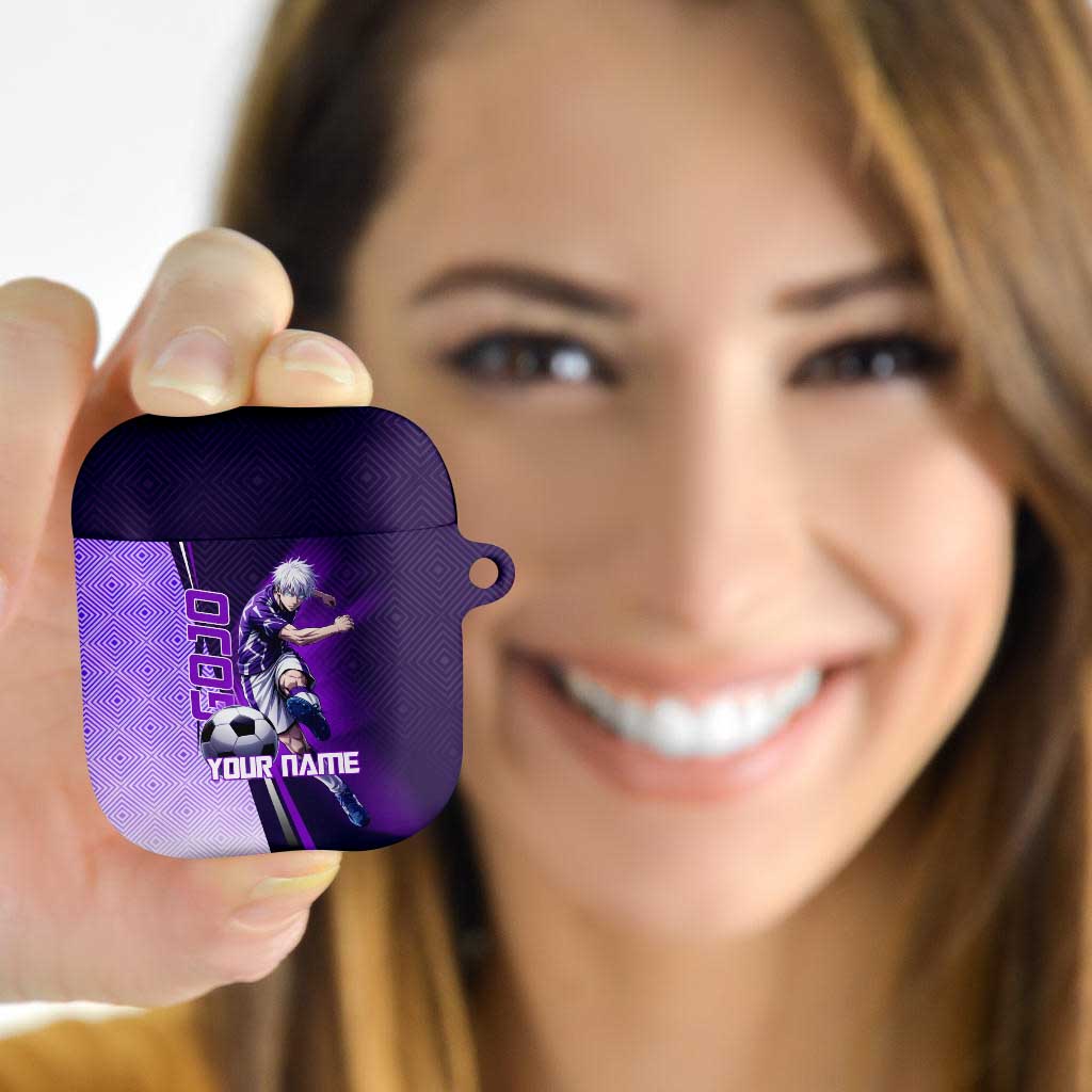 Personalized Gojo Satoru Jujutsu Kaisen Soccer Theme AirPods Case with Kicking Pose and Purple Gradient Geometric Graphic Design - The Mazicc
