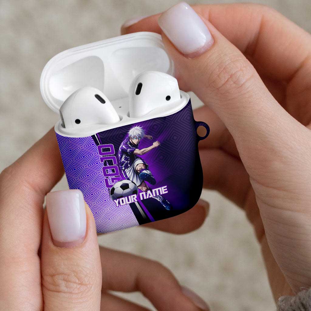 Personalized Gojo Satoru Jujutsu Kaisen Soccer Theme AirPods Case with Kicking Pose and Purple Gradient Geometric Graphic Design - The Mazicc