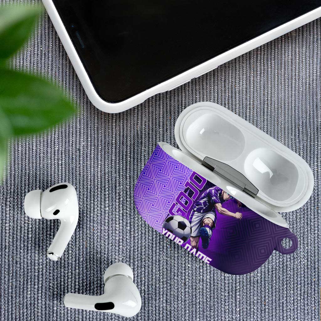 Personalized Gojo Satoru Jujutsu Kaisen Soccer Theme AirPods Case with Kicking Pose and Purple Gradient Geometric Graphic Design - The Mazicc