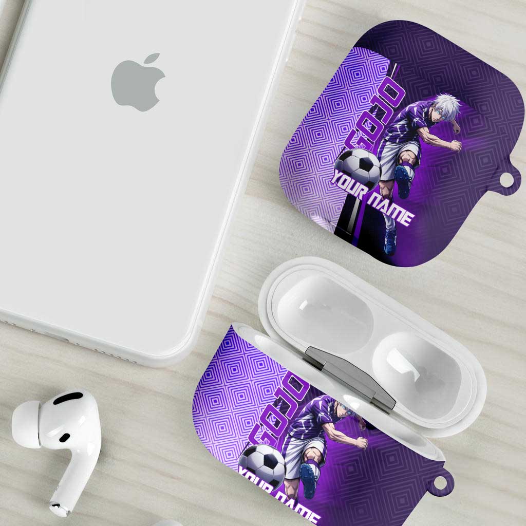 Personalized Gojo Satoru Jujutsu Kaisen Soccer Theme AirPods Case with Kicking Pose and Purple Gradient Geometric Graphic Design - The Mazicc