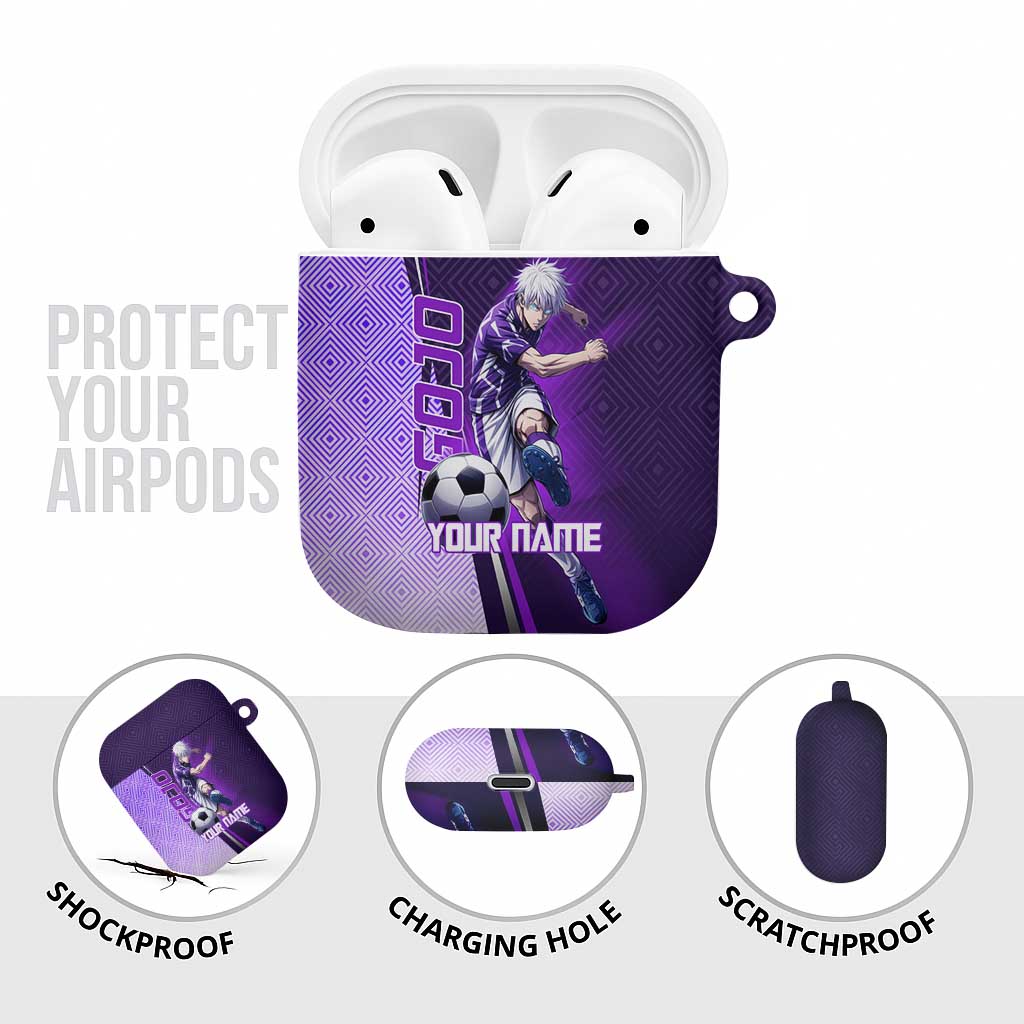 Personalized Gojo Satoru Jujutsu Kaisen Soccer Theme AirPods Case with Kicking Pose and Purple Gradient Geometric Graphic Design - The Mazicc