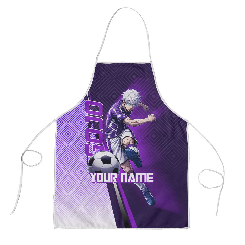 Personalized Gojo Satoru Jujutsu Kaisen Soccer Theme Apron with Kicking Pose and Purple Gradient Geometric Graphic Design - The Mazicc