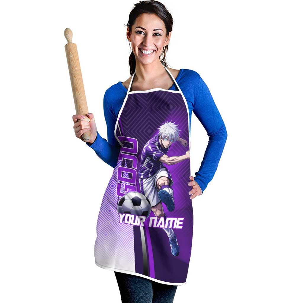 Personalized Gojo Satoru Jujutsu Kaisen Soccer Theme Apron with Kicking Pose and Purple Gradient Geometric Graphic Design - The Mazicc