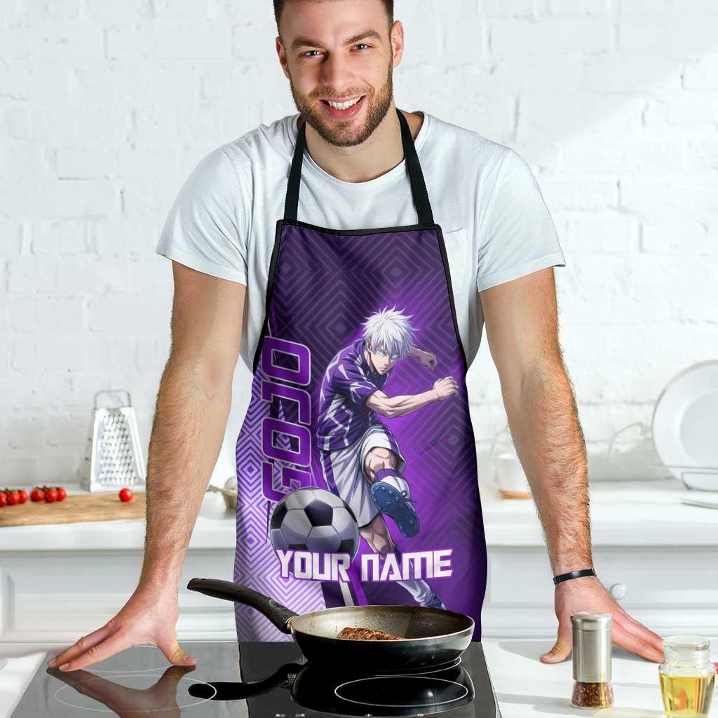 Personalized Gojo Satoru Jujutsu Kaisen Soccer Theme Apron with Kicking Pose and Purple Gradient Geometric Graphic Design - The Mazicc
