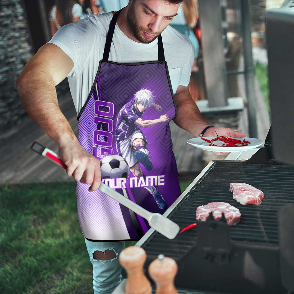 Personalized Gojo Satoru Jujutsu Kaisen Soccer Theme Apron with Kicking Pose and Purple Gradient Geometric Graphic Design - The Mazicc