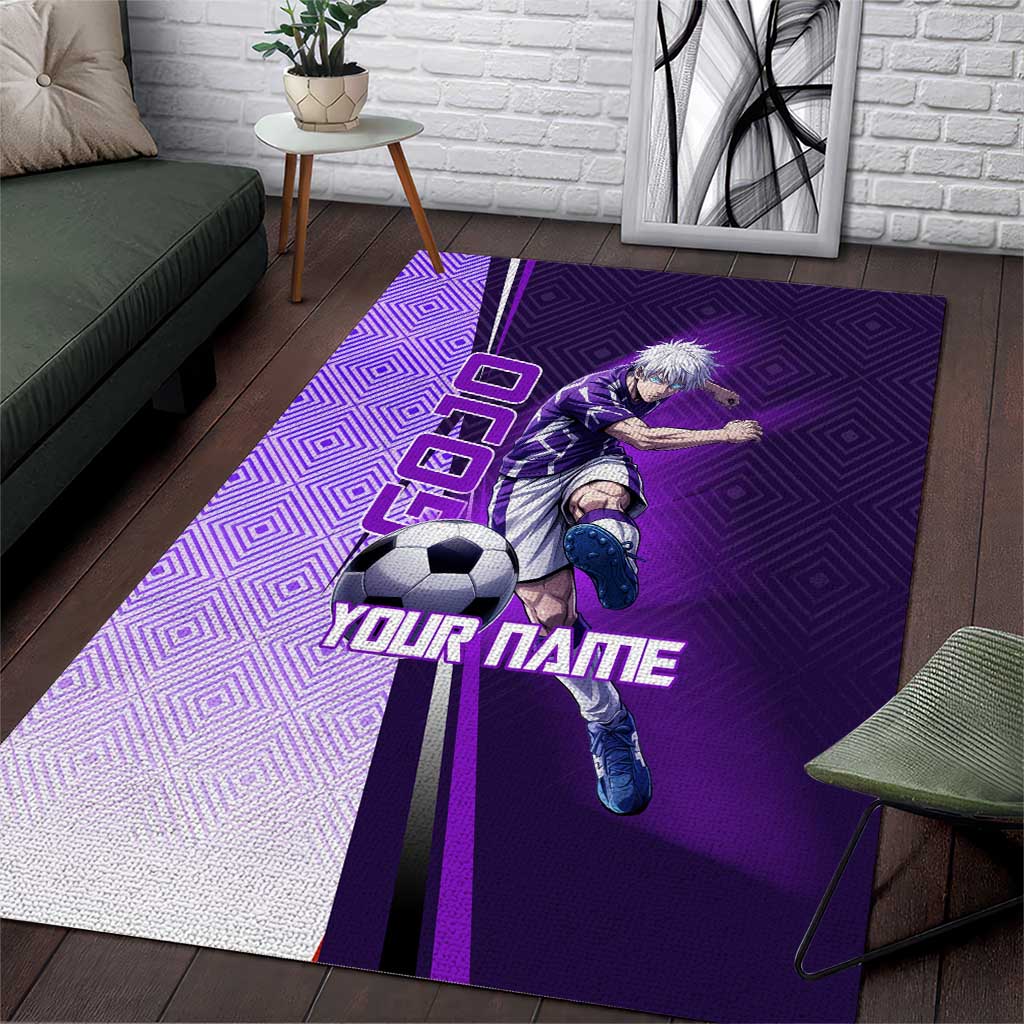 Personalized Gojo Satoru Jujutsu Kaisen Soccer Theme Area Rug with Kicking Pose and Purple Gradient Geometric Graphic Design - The Mazicc