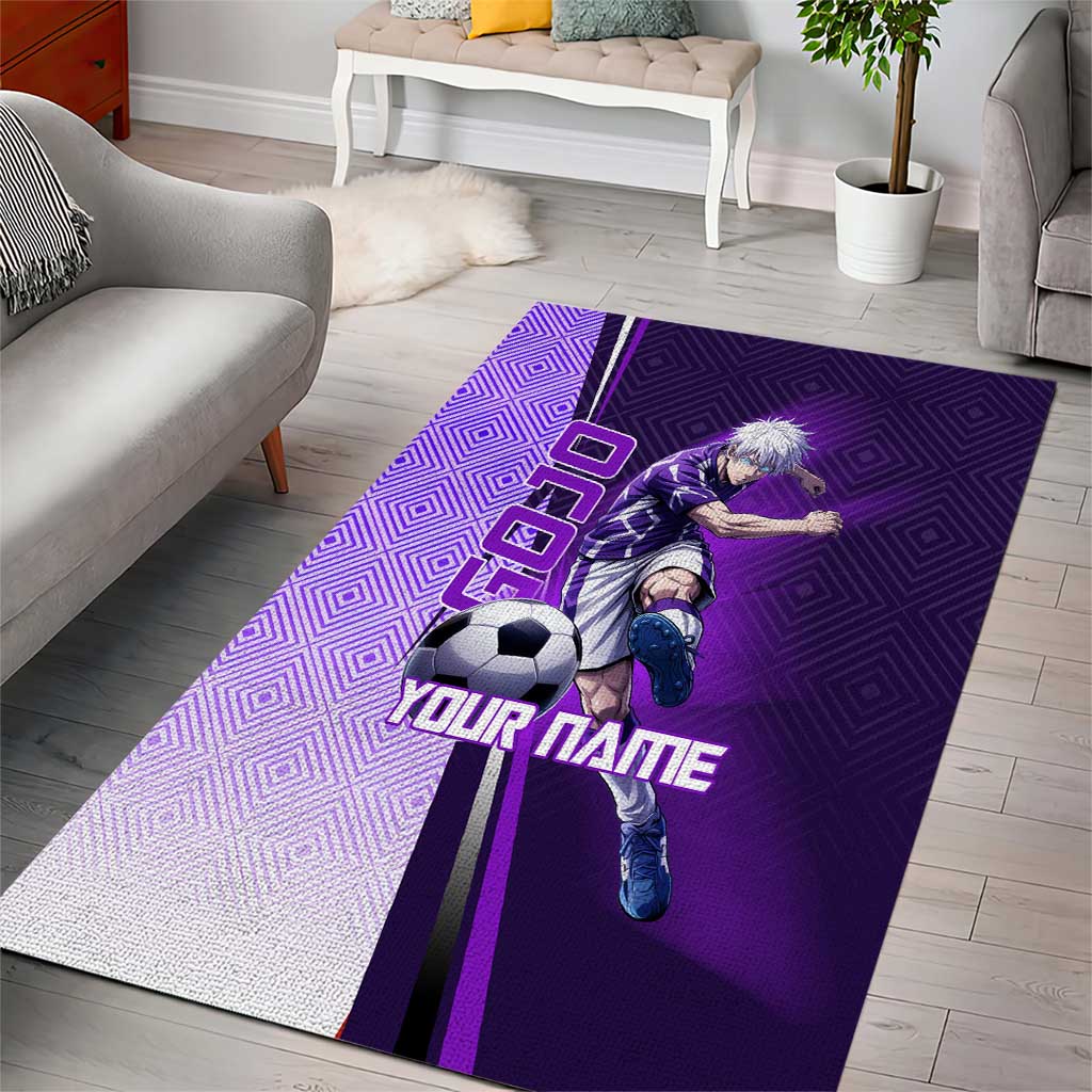 Personalized Gojo Satoru Jujutsu Kaisen Soccer Theme Area Rug with Kicking Pose and Purple Gradient Geometric Graphic Design - The Mazicc