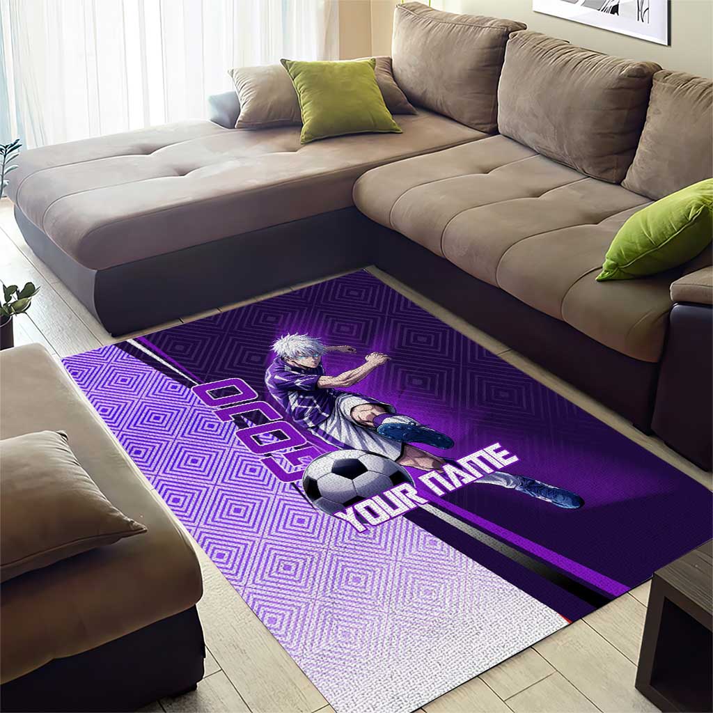 Personalized Gojo Satoru Jujutsu Kaisen Soccer Theme Area Rug with Kicking Pose and Purple Gradient Geometric Graphic Design - The Mazicc