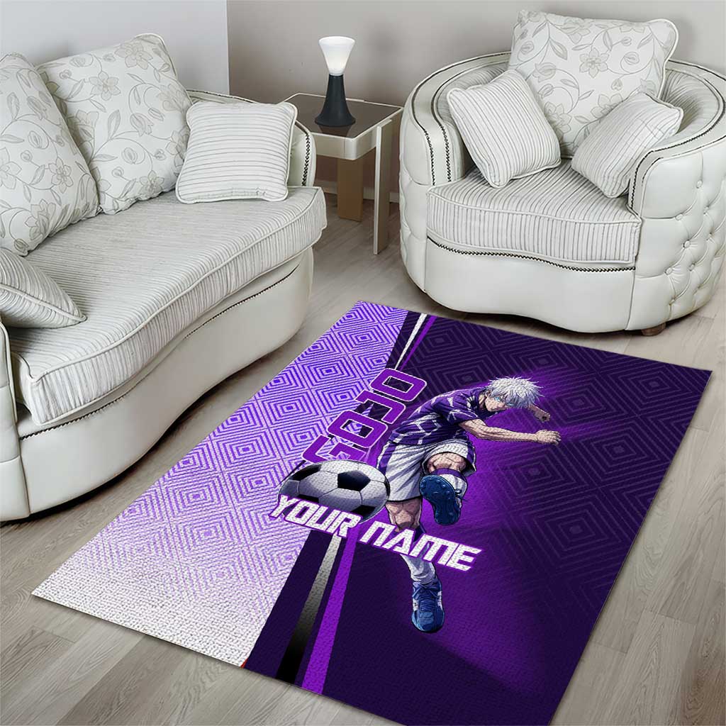 Personalized Gojo Satoru Jujutsu Kaisen Soccer Theme Area Rug with Kicking Pose and Purple Gradient Geometric Graphic Design - The Mazicc