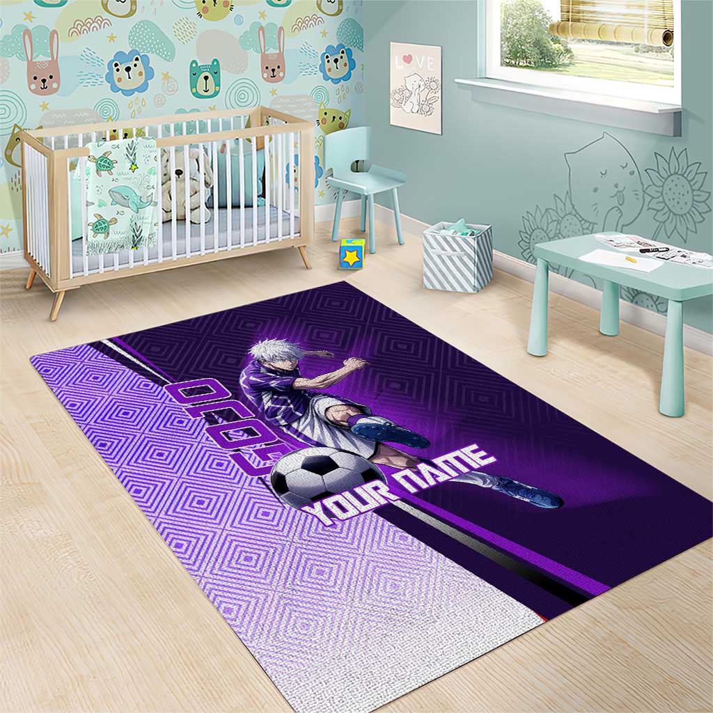 Personalized Gojo Satoru Jujutsu Kaisen Soccer Theme Area Rug with Kicking Pose and Purple Gradient Geometric Graphic Design - The Mazicc