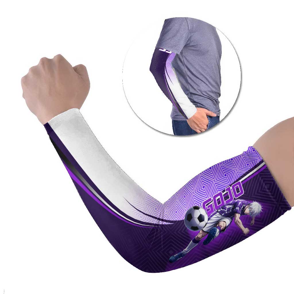 Personalized Gojo Satoru Jujutsu Kaisen Soccer Theme Arm Sleeves with Kicking Pose and Purple Gradient Geometric Graphic Design - The Mazicc
