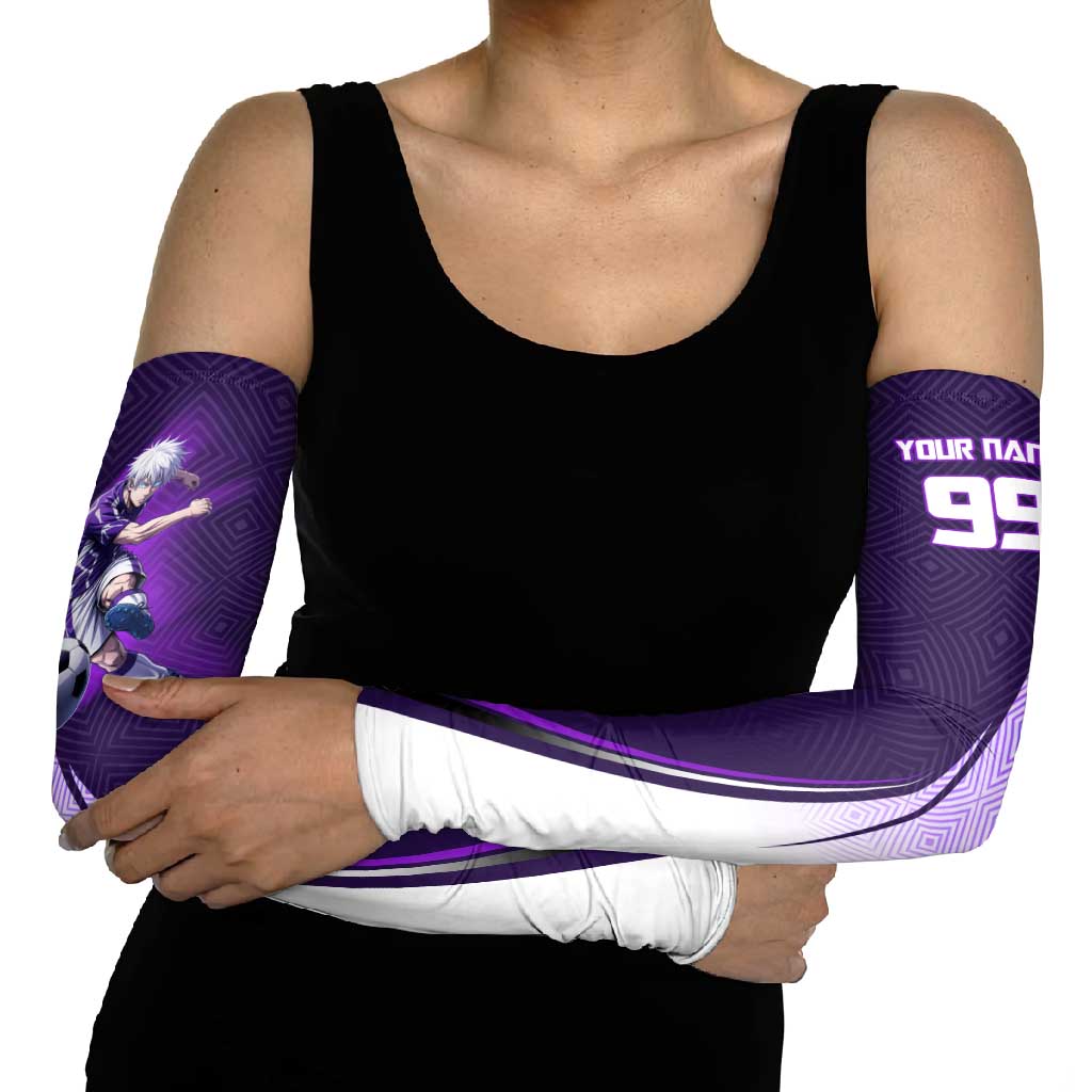 Personalized Gojo Satoru Jujutsu Kaisen Soccer Theme Arm Sleeves with Kicking Pose and Purple Gradient Geometric Graphic Design - The Mazicc