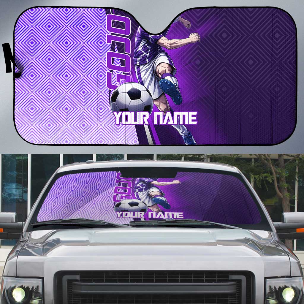 Personalized Gojo Satoru Jujutsu Kaisen Soccer Theme Auto Sun Shade with Kicking Pose and Purple Gradient Geometric Graphic Design - The Mazicc