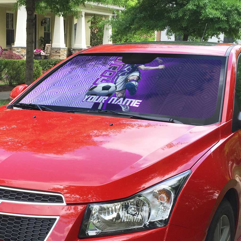 Personalized Gojo Satoru Jujutsu Kaisen Soccer Theme Auto Sun Shade with Kicking Pose and Purple Gradient Geometric Graphic Design - The Mazicc