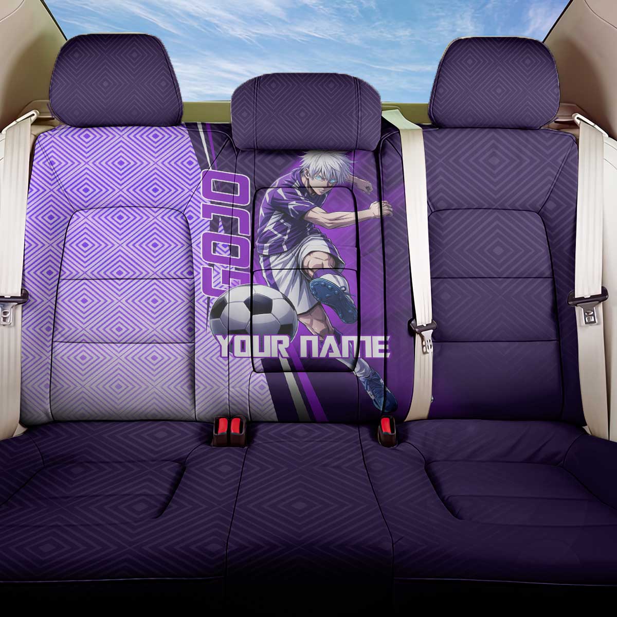 Personalized Gojo Satoru Jujutsu Kaisen Soccer Theme Back Car Seat Cover with Kicking Pose and Purple Gradient Geometric Graphic Design - The Mazicc