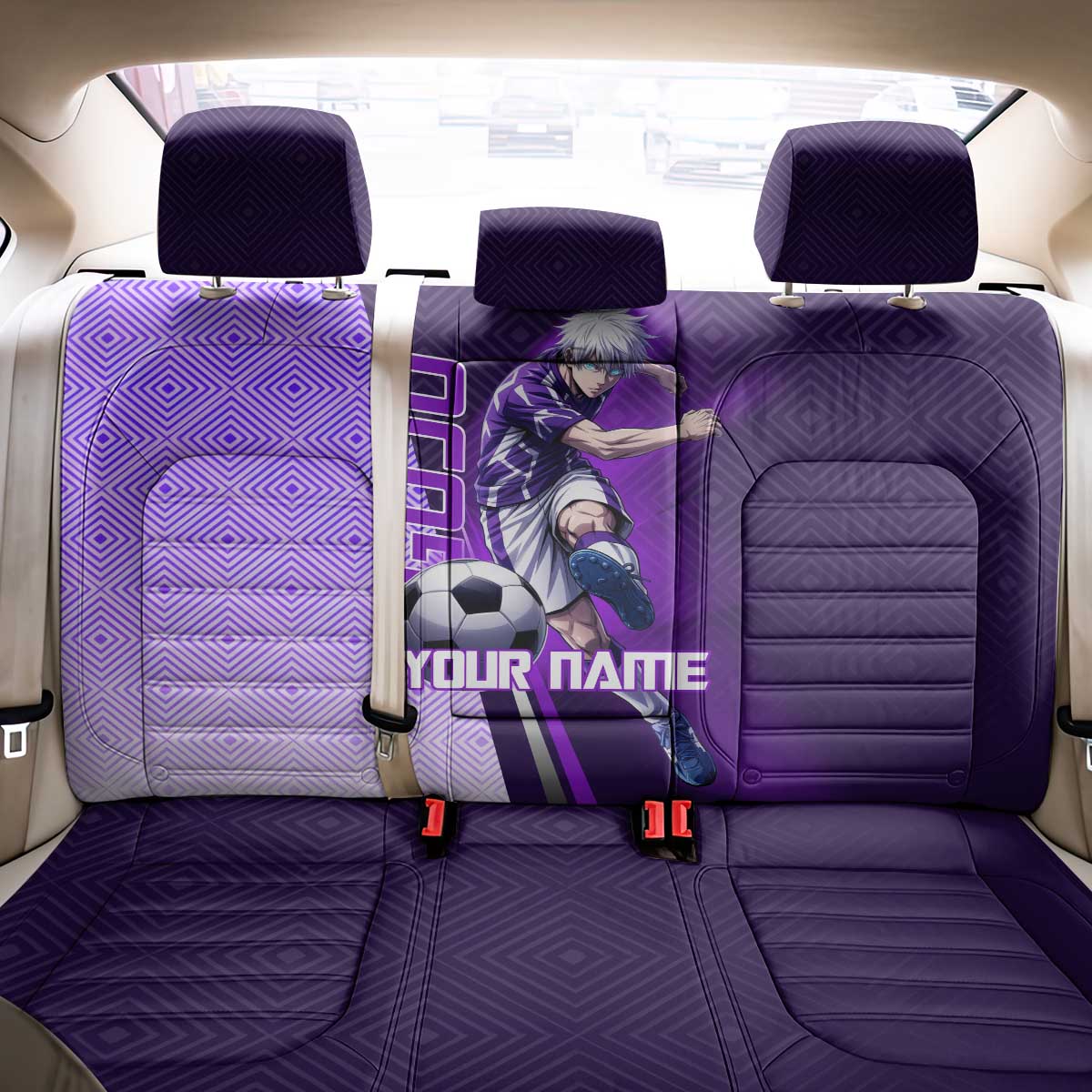 Personalized Gojo Satoru Jujutsu Kaisen Soccer Theme Back Car Seat Cover with Kicking Pose and Purple Gradient Geometric Graphic Design - The Mazicc