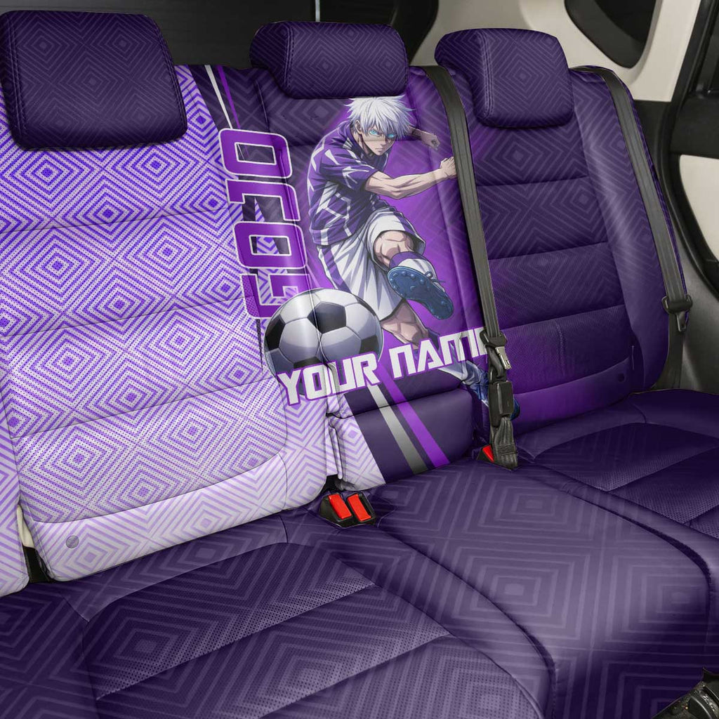 Personalized Gojo Satoru Jujutsu Kaisen Soccer Theme Back Car Seat Cover with Kicking Pose and Purple Gradient Geometric Graphic Design - The Mazicc