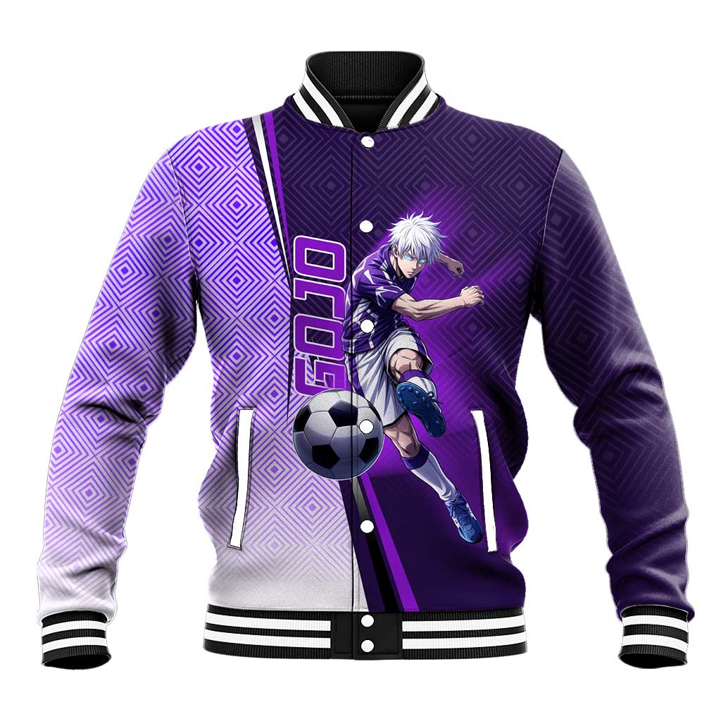 Personalized Gojo Satoru Jujutsu Kaisen Soccer Theme Baseball Jacket with Kicking Pose and Purple Gradient Geometric Graphic Design - The Mazicc