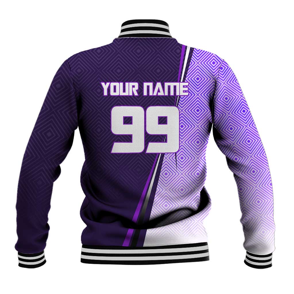 Personalized Gojo Satoru Jujutsu Kaisen Soccer Theme Baseball Jacket with Kicking Pose and Purple Gradient Geometric Graphic Design - The Mazicc