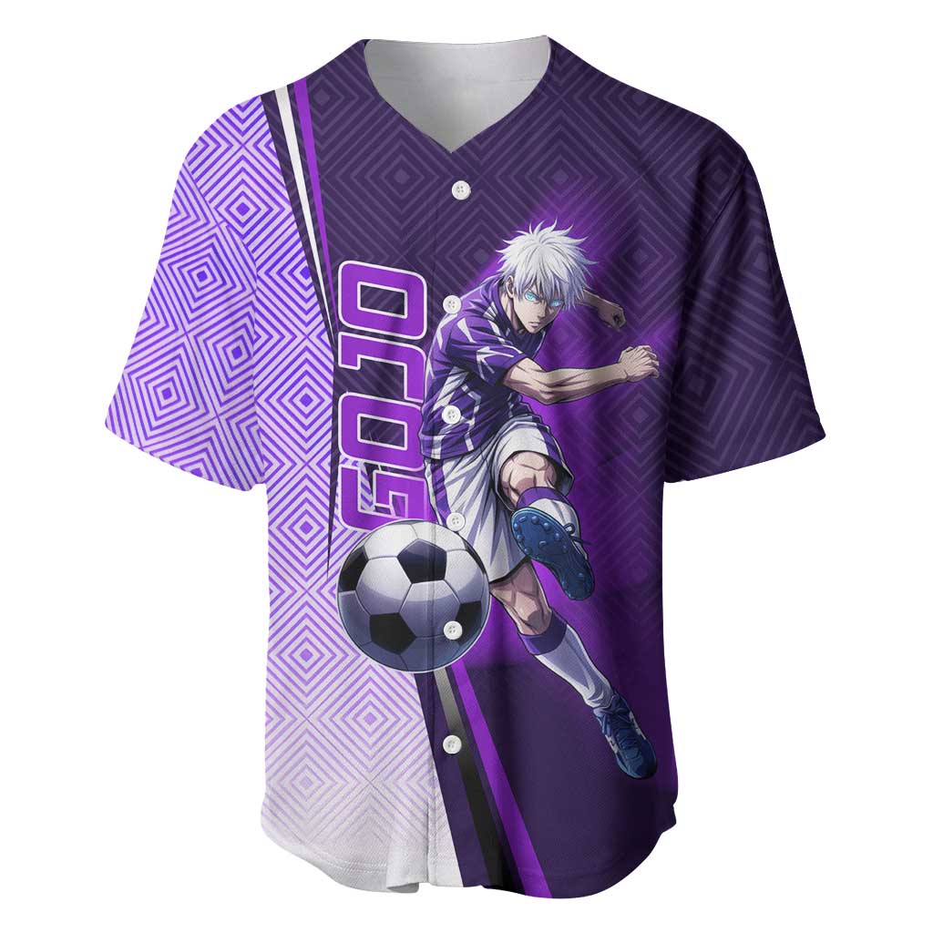 Personalized Gojo Satoru Jujutsu Kaisen Soccer Theme Baseball Jersey with Kicking Pose and Purple Gradient Geometric Graphic Design - The Mazicc